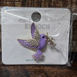 Purple Enamel, Mint Colorful Crystal Hummingbird Brooch.